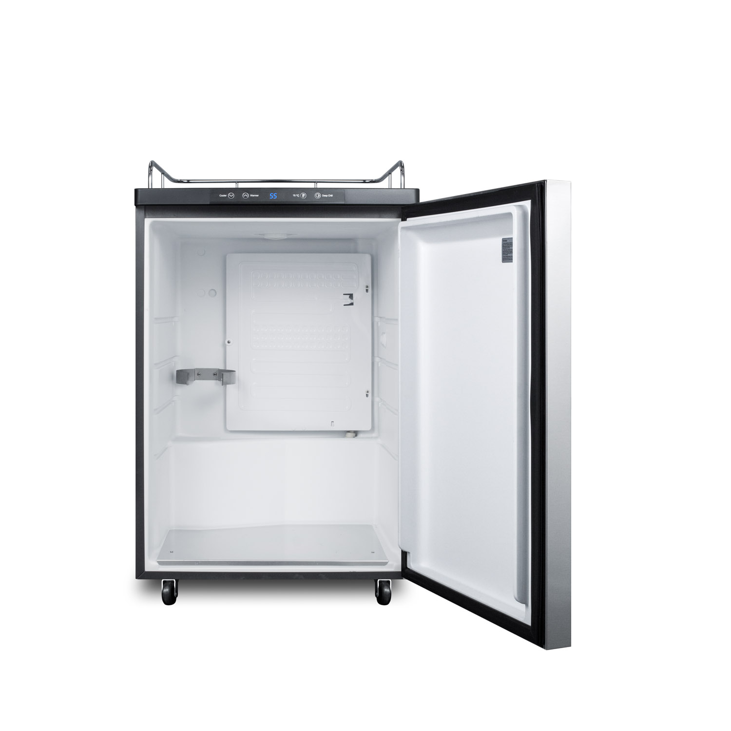 Freestanding residential beer dispenser, auto defrost w/digital thermostat, SS door, horizontal handle, and black cabinet; no tapping equipment included